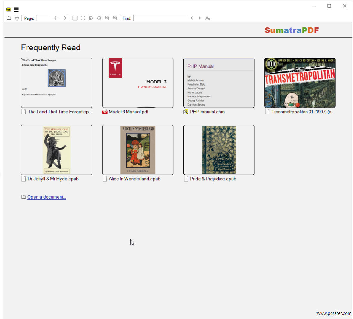 SumatraPDF软件界面展示多格式文档打开、批注编辑、书签设置、书架模式，突出轻量极速、多格式兼容、简洁纯净优势