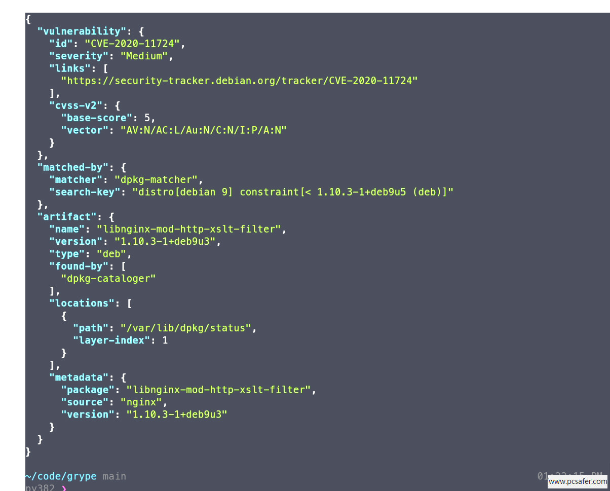 Grype 软件终端运行扫描演示 - 展示其对容器镜像层级的漏洞检测结果